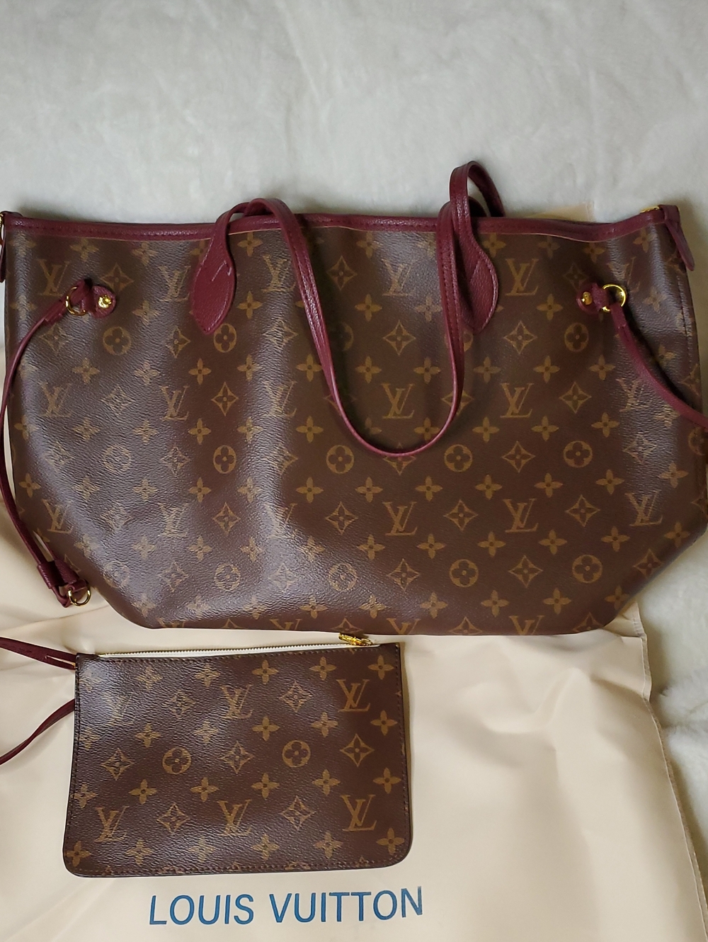 2 Side  Reversible NEVER FULL LV Brown Monogram Tote with Burgundy Trim